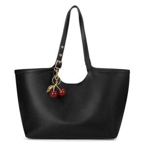Black Vegan Leather Tote Bag Cherry Charm Shoulder Handbag Large Capacity